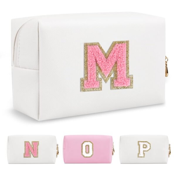 71yMnN-DkSL._SL1500_.jpg Personalized Makeup Bag Initial A-Z Preppy Patch Bag,Small PU Leather Travel Cosmetic Bag Pouch with Zipper,White Cute Toiletry Bag,Gift Ideal for Teen Girls Women Birthday Friend Mom,Letter M