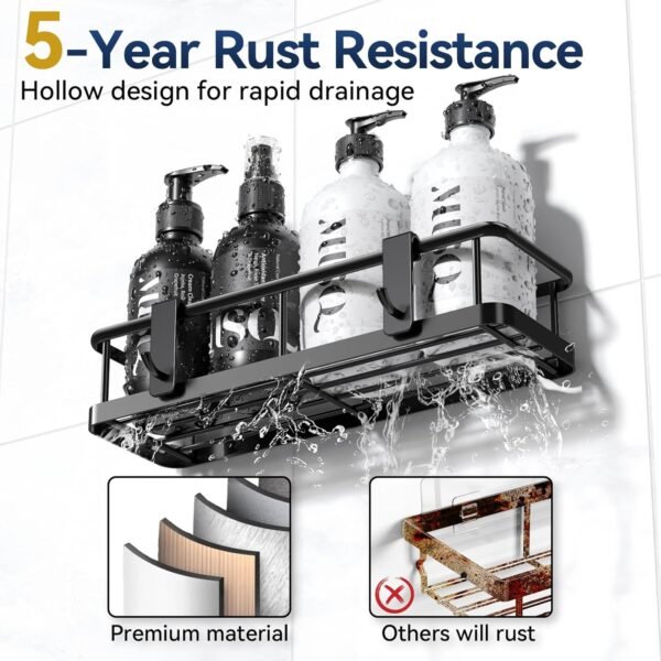 YASONIC Shower Caddy Adhesive, No Drill Bathroom Shower Organizers, with Removable Hooks, Rust Proof Shower Shelves, Wall-Mounted Shower Holder, Black, 2 Packs