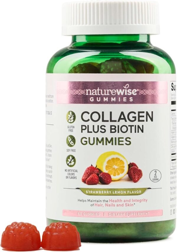 NatureWise Collagen Gummies - Hydrolyzed Collagen Gummies - Type 1 & 3 Peptides for Women + Biotin, Vitamin C, E, & Zinc for Hair Skin and Nails Support - 60 Count[1-Month Supply]