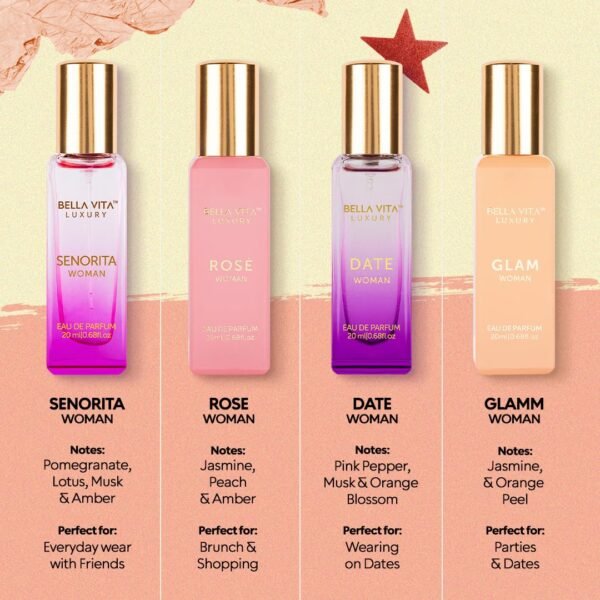 71z9rXtipcL._SL1080_.jpg BellaVita Luxury Women's Perfume Gift Set (4x20ml) | Notes of Floral, Sweet, Spicey Red Fruit, Vanilla & Musk | DATE, SENORITA, GLAM & ROSE | French Parfum Collection Gift Set