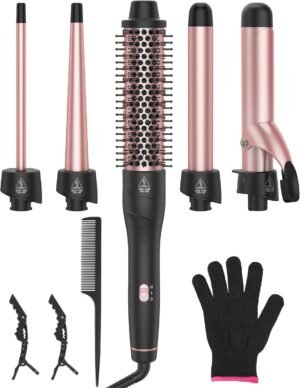 71zFv65tMzL._AC_SL1500_.jpg ANIEKIN 5 in 1 Curling Iron Set, Fast Heat Up Curling Wand from 3/8 to 1 1/4 Inch and a Thermal Brush Come with, Dual Voltage Hair Curler for Women All Hair Types and Travel Use, Gifts for Women