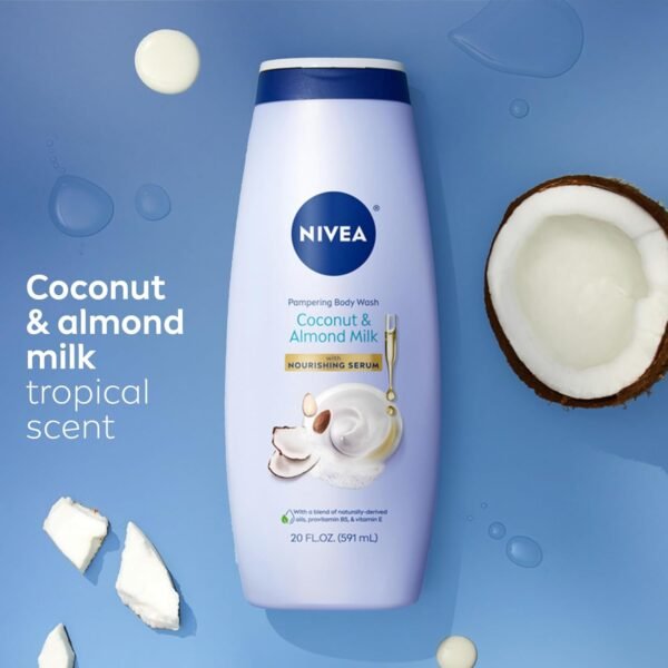 NIVEA Pampering Coconut and Almond Milk Body Wash with Nourishing Serum, Moisturizing Body Wash for Women, Enriched with Provitamin B5 and Vitamin E, 20 Fl Oz Bottle