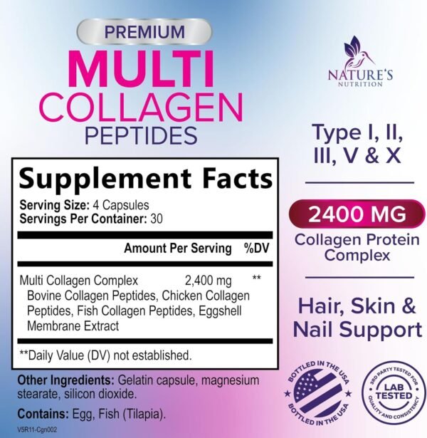 71zfkpLK3YL._AC_SL1500_.jpg Multi Collagen Supplement for Women & Men - Type I, II, III, V, X Multi Collagen Pills, Hydrolyzed Collagen Peptides Supplements, Nature's Hair, Skin, Nail, and Joint Support Supplement, 120 Capsules