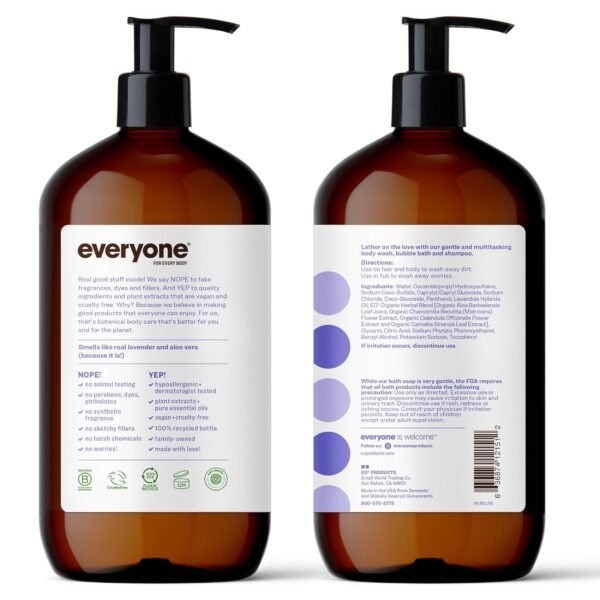 Everyone 3-in-1 Soap, Body Wash, Bubble Bath, Shampoo, 32 Ounce (Pack of 2), Lavender and Aloe, Coconut Cleanser with Organic Plant Extracts and Pure Essential Oils (Packaging May Vary)