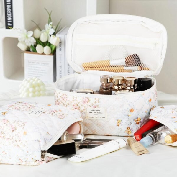 811FJ03zaL._AC_SL1500_.jpg Quilted Makeup Bag Set - 3 PCS Cute Floral Cotton Makeup Bag, Large Coquette Aesthetic Make up Cosmetic Bag, Flower Travel Toiletry Organizer Bags for Women Girls