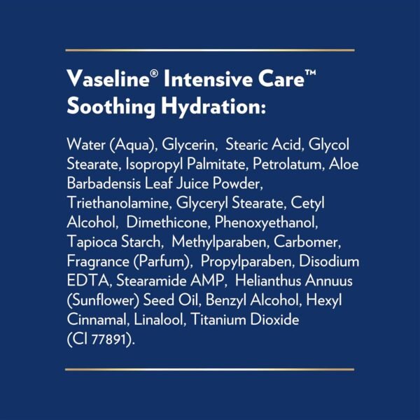 81EH7YZNL._SL1500_.jpg Vaseline Intensive Care Body Lotion for Dry Skin Soothing Hydration Lotion Made with Ultra-Hydrating Lipids + 1% Aloe Vera Extract to Refresh Dehydrated Skin 20.3 oz, Pack of 3 (packaging May Vary)