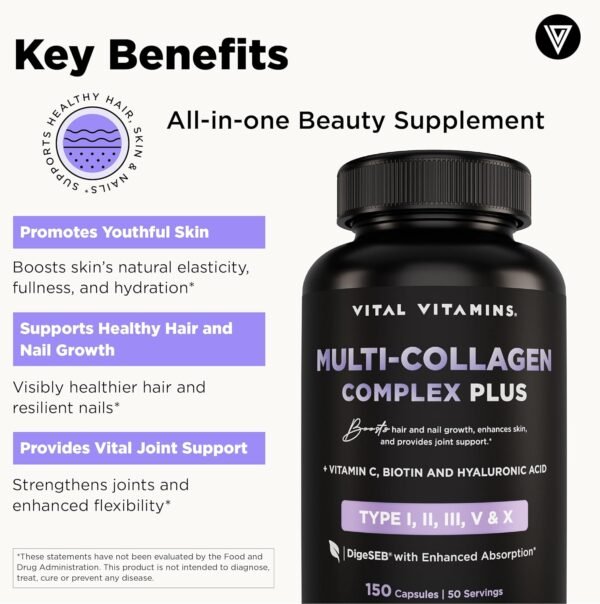 81lsB3fFrL._AC_SL1500_.jpg Vital Vitamins Multi Collagen Complex Plus - with Biotin, Hyaluronic Acid, Vitamin C - Type I, II, III, V, X - for Women & Men - Hair, Skin, Nails Beauty Complex - 150 Capsules
