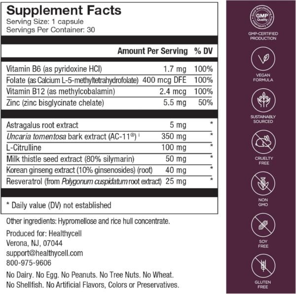 Healthycell Telomere Length Supplement - Anti-Aging Telomere Lengthening Supplements with Phytonutrients & Vitamins for Cellular Health - AC-11, Astragalus & Resveratrol - 30 Capsules