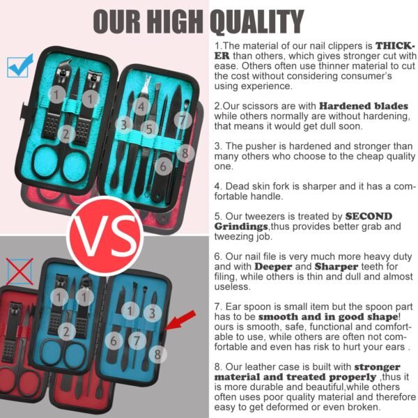 Manicure Set 9 in 1 Stainless Steel, Nail Clippers Scissors Pedicure Tools Kit - Portable Travel Grooming Kit for Men and Women with Black/Blue Leather Case (Blue)