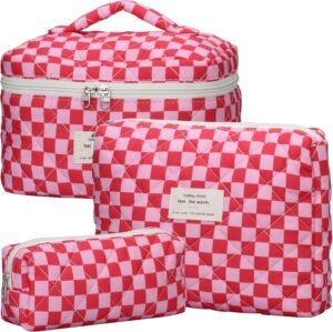 81-EL9j9NfL._AC_SL1500_.jpg Quilted Makeup Bag Set - 3 PCS Cute Floral Cotton Makeup Bag, Large Coquette Aesthetic Make up Cosmetic Bag, Flower Travel Toiletry Organizer Bags for Women Girls