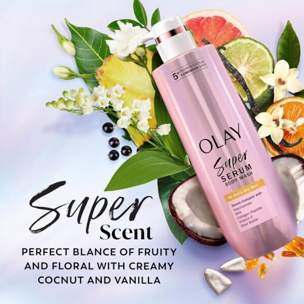 Olay Super Serum Body Wash for Extra Dry Skin, 24hr Long Lasting Hydration, 5+ Ingredient Serum Complex for Bright Even Firm Luminous Skin, 18.5 fl oz