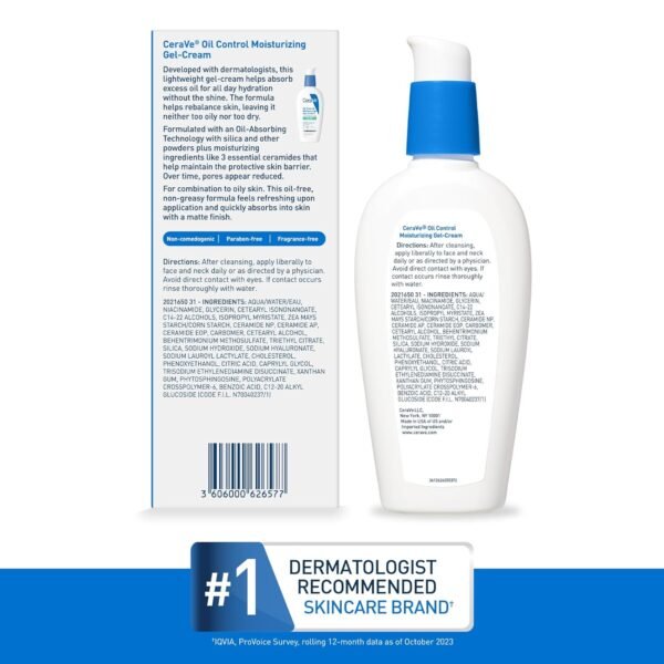 810K99PBjdL._SL1500_.jpg CeraVe Oil Control Moisturizing Gel-Cream, Face Moisturizer for Oily Skin, Niacinamide, Hyaluronic Acid & Oil Absorbing Technology To Rebalance Oily Skin, Non-Comedogenic, Fragrance Free & Oil-Free
