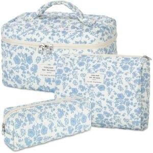 810cLdTqK0L._SL1500_.jpg senbowe Floral Makeup Bag, 3 Pack Large Cotton Quilted Makeup Bag Set, Cute Floral Coquette Aesthetic Toiletry Bag Make Up Cosmetic Bag for Women, Toiletry Travel Make Up Organizer Bag