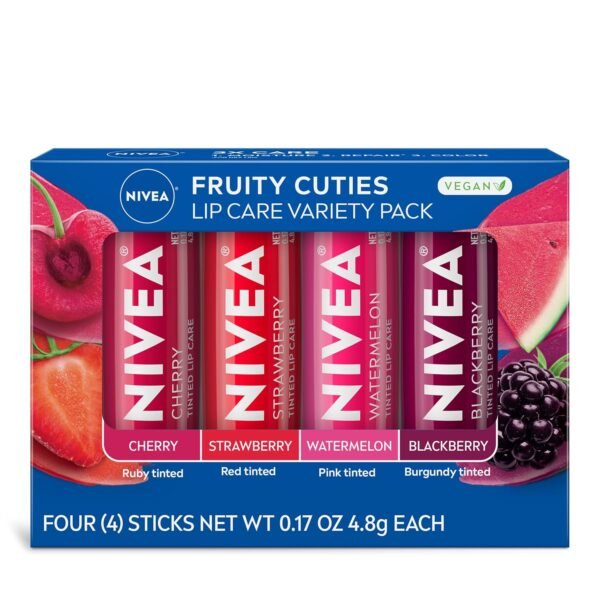 810uTkxBmzL._SL1500_.jpg NIVEA Lip Care, Fruity Tinted Lip Balm Variety Pack, Cherry, Strawberry, Blackberry and Watermelon Flavors, 3-in-1 Moisture, Repair and Color, 0.17 Oz Stick, Pack of 4