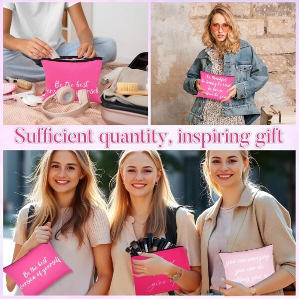 12 PCS Pink Inspirational Canvas Makeup Bags Bulk Makeup Bags for Women Inspirational Quotes Cosmetics Bags with Zipper Gift for Valentine's Day Christmas Graduation