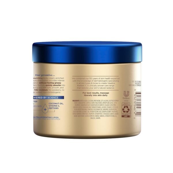 Vaseline Radiant X Deep Nourishment Body Cream 100% Pure Shea Butter, Coconut Oil, Vitamin C, & Peptides 10 oz