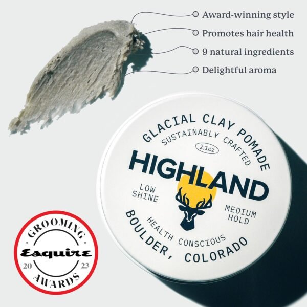 811WrYs-beL._SL1500_.jpg Highland Glacial Hair Clay Pomade - Award winning hair styling clay for men and women made with 100% all natural and organic ingredients that promote hair and scalp health. Low shine, Medium Hold.