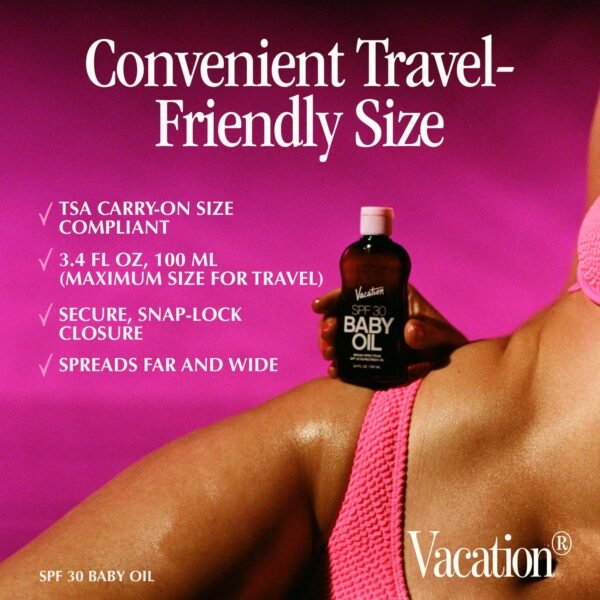 Vacation Baby Oil SPF 30 & Air Freshener Bundle, Hydrating & Nourishing, Mineral-Oil Free, Lightweight Formula, Transparent On All Skin Tones, Travel Size Sunscreen, 3.4 Fl. Oz.