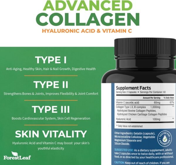 ForestLeaf Multi Collagen Pills with Hyaluronic Acid + Vitamin C | Hydrolyzed Collagen Supplements for Women or Men | Multi Collagen Capsules Peptides for Skin, Wrinkles, 120 Caps