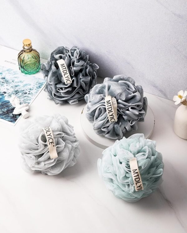 Loofah Sponge, XXL Large Loofah 100g 4 Pack, Bath Sponge Soft Mesh Shower Loofah for Men, Body Scrub, Shower Pouf Bath Accessories, for Body Wash, Soap (Blue Gray)