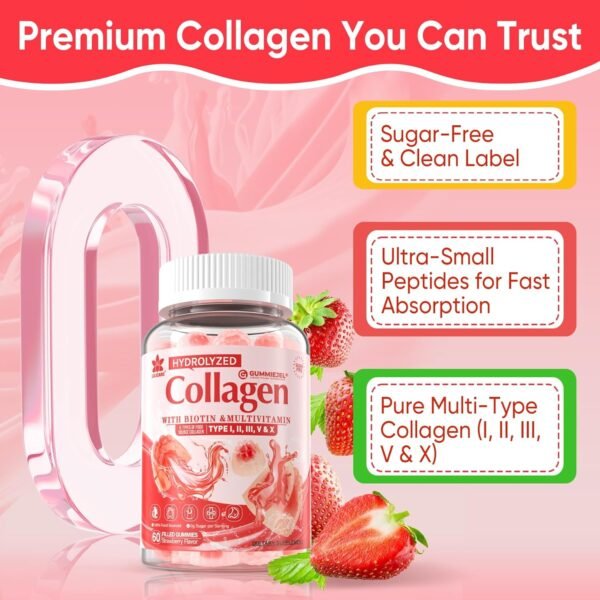 Collagen Peptide Gummies for Women & Men Sugar-Free, Multi Collagen Hydrolyzed w/ 1500mg Protein Type I,II,III,V,X, 5000mcg Biotin, Methylated B12, Vitamin C A E D3 B6 for Skin Hair Nails, Bone, 60Cts