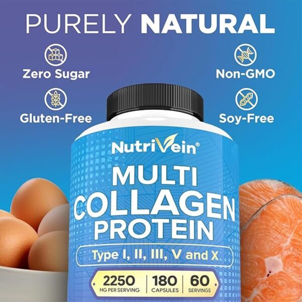 813JEUNn4L._AC_SL1500_.jpg Nutrivein Premium Multi Collagen Pills 2250 mg - 180 Easy-to-Swallow Collagen Capsules: Type I, II, III, V, X Hydrolyzed Protein Peptides for Women and Men - Aging, Joints, Hair, Skin, Bones, & Nails