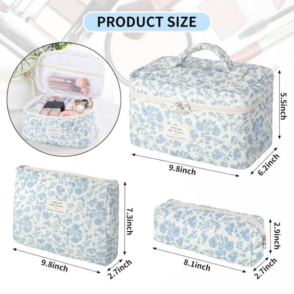 senbowe Floral Makeup Bag, 3 Pack Large Cotton Quilted Makeup Bag Set, Cute Floral Coquette Aesthetic Toiletry Bag Make Up Cosmetic Bag for Women, Toiletry Travel Make Up Organizer Bag