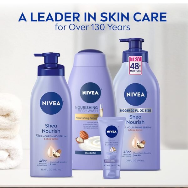NIVEA Shea Nourish Body Lotion for Dry Skin with Hyaluronic Acid, Shea Butter and Deep Nourishing Serum, 48-Hour Body Moisturizer, 16.9 Fl Oz Pump Bottle