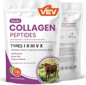 VEV Multi Collagen Peptides Powder, 1 lb – Type I, II, III, V, X, Hydrolyzed Collagen, Hyaluronic Acid Power, Biotin, Vitamin C, Supports Skin, Unflavored, Dissolves Easily (Packaging May Vary)