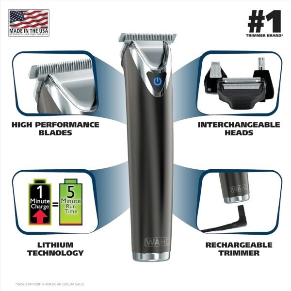 Wahl Stainless Steel Lithium Ion 2.0+ Slate Beard Trimmer for Men - Electric Shaver, Nose Ear Trimmer, Rechargeable All in One Men's Grooming Kit - Model 9864
