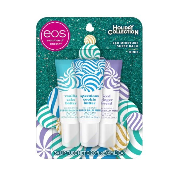 814thJCiWxL._SL1500_.jpg eos Holiday 24H Moisture Mini Super Balm Set- Speculoos Cookie Butter, Iced Gingerbread, Vanilla Cake Batter, Limited-Edition Lip Care, Stocking Stuffers, 0.20 fl oz, 3-Pack