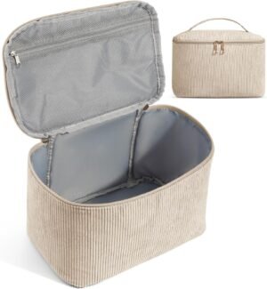 814tuRFbClL._AC_SL1500_.jpg MAGEFY Makeup Bag Cosmetic Bag Large Capacity with Handle Make Up Bags with Mesh Pocket, Travel Makeup Bag for Women,Beige