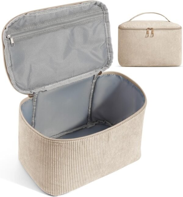 814tuRFbClL._AC_SL1500_.jpg MAGEFY Makeup Bag Cosmetic Bag Large Capacity with Handle Make Up Bags with Mesh Pocket, Travel Makeup Bag for Women,Beige
