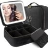 MOMIRA Travel Makeup Bag Cosmetic Bag Makeup Organizer Bag with Lighted Mirror, Adjustable Brightness in 3 Color Scenarios, Waterproof Makeup Train Case, Gift for Women - Black