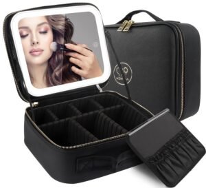 8156o3lPBL._SL1500_.jpg MOMIRA Travel Makeup Bag Cosmetic Bag Makeup Organizer Bag with Lighted Mirror, Adjustable Brightness in 3 Color Scenarios, Waterproof Makeup Train Case, Gift for Women - Black