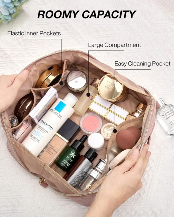 815COkF7d2L._AC_SL1500_.jpg BAGSMART Makeup Bag, Travel Cosmetic Bags Water-resistent Makeup Case for Women Portable Pouch Open Flat Make Up Organizer for Toiletries, Brushes, Pink