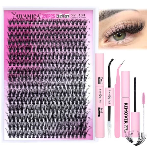 Eyelash Extension Kit 320pcs Lash Clusters D Curly 9-16mm Mix 40D Individual Lashes with Lash Bond and Seal and Remover Lash Applicator for Lash Extension Beginners