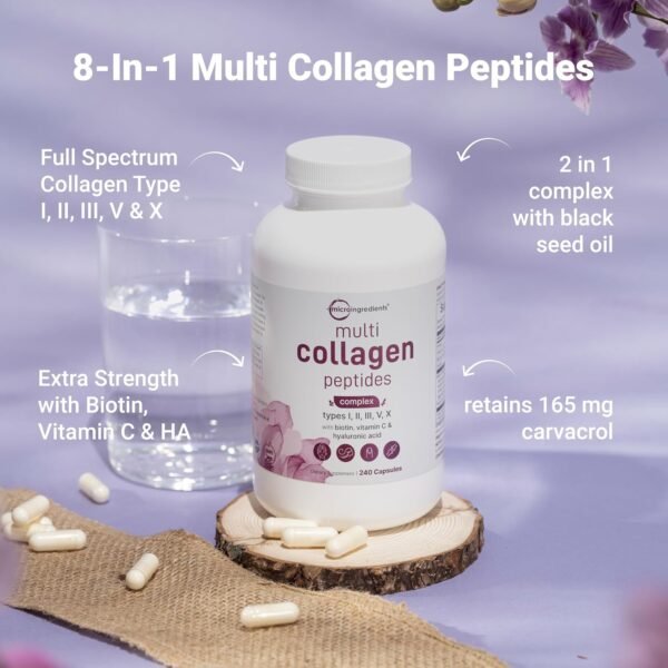 Micro Ingredients Multi Collagen Pills for Women & Men, 240 Capsules | Type I, II, III, V, X - Hydrolyzed Collagen Peptides with Biotin, Hyaluronic Acid & Vitamin C | Hair, Skin, Nail & Joint Support