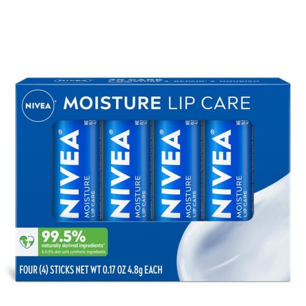 815smwX7aGL._SL1500_.jpg NIVEA Moisture Lip Care, Hydrating Lip Balm with Shea Butter, Nourishing Oils and Vitamin C & E, 3-in-1 Moisture, Repair and Nourish, 0.17 Oz Stick, Pack of 4