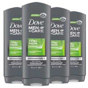 Dove Men+Care Body Wash Extra Fresh 4 Count for Men's Skin Care Body Wash Effectively Washes Away Bacteria While Nourishing Your Skin 18 oz