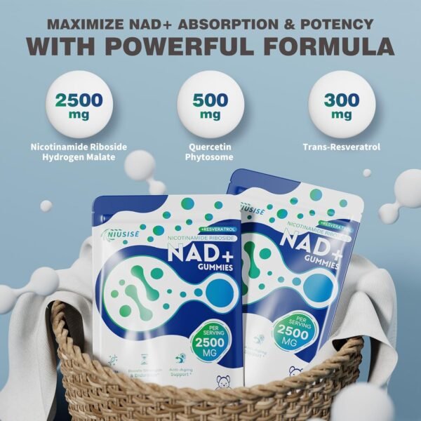 NAD Gummies Sugar Free, NAD+ Supplement with Liposomal Nicotinamide Riboside, Resveratrol, Quercetin, NAD Supplement for Anti-Aging, Energy, Cellular Health, Blueberry Flavor, 60 Gummies
