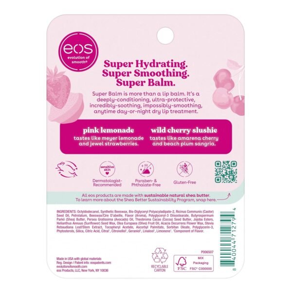 817TgGWZPfL._SL1500_.jpg eos 24H Moisture Super Balm - Pink Lemonade & Wild Cherry Slushie, Day or Night Lip Treatment, Made for Sensitive Skin, Lip Balms & Moisturizers, 0.35 fl oz, 2-Pack