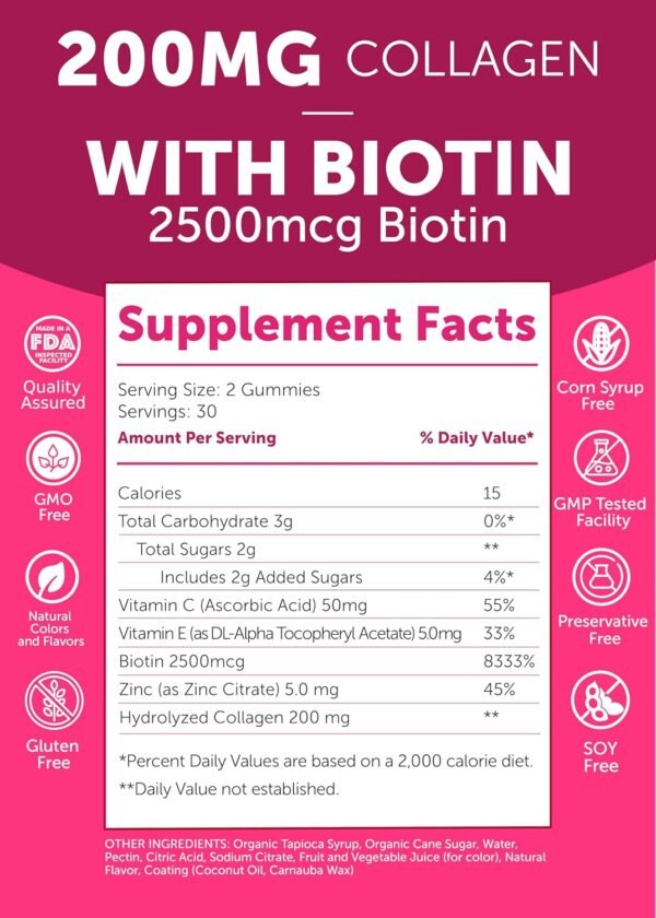 Lunakai USA Made Collagen Peptides Gummies - 200mg Non-GMO Anti-Aging Formula with Biotin, Zinc, Vitamins C & E for Hair, Skin and Nails, 60ct