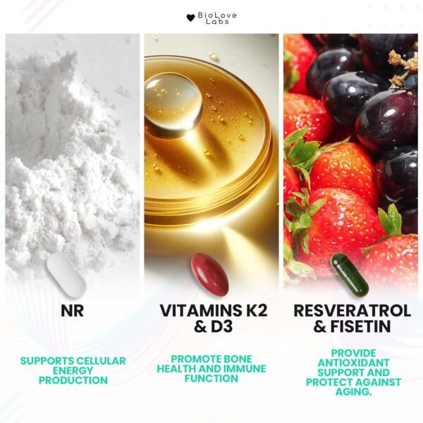 NAD 3 in 1 Booster: Nicotinamide Riboside (NR), Fisetin, Resveratrol, K2 & D3 | Supports Healthy Aging of Brain, Body, Muscle | 300mg NR | (90 Capsules)