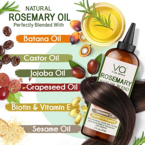 Blend Of Pure Rosemary Oil With Castor, Batana, Jojoba Oil - Infused With Biotin & Vitamin E-Blend of Effective Hair Oils for Hair Growth-Strengthening Treatment 6 Fl Oz