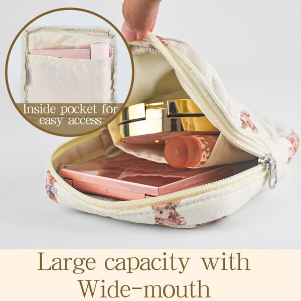 817uwU9DV0L._AC_SL1500_.jpg Small Floral Quilted Makeup Bag, Coquette Aesthetic Travel Toiletry Organizer for Women, Lightweight Cotton Cosmetic Pouch