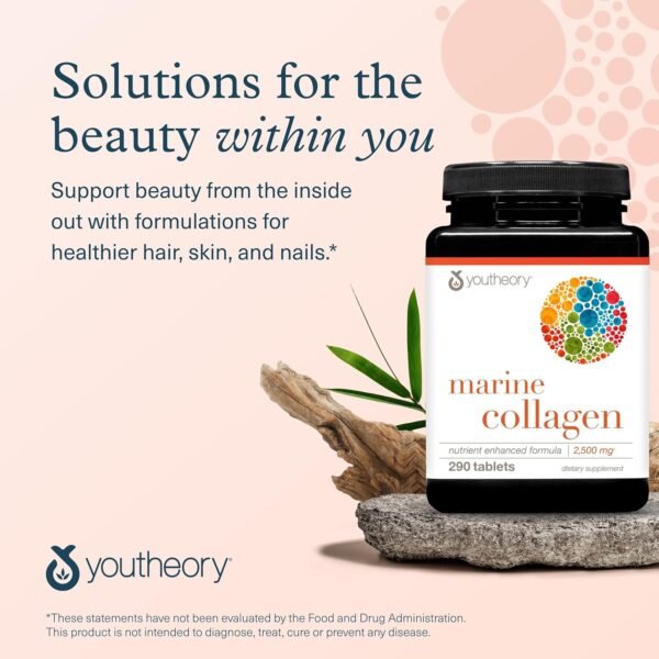8182HwrnNL._AC_SL1500_.jpg Youtheory Marine Collagen - 2,500 mg Hydrolyzed Collagen - Supports Skin* - Fish-Sourced Collagen - with Vitamin C, A, C, E, B6, B12 & More - Highly Digestible and Absorbable - 290 Tablets