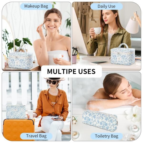 senbowe Floral Makeup Bag, 3 Pack Large Cotton Quilted Makeup Bag Set, Cute Floral Coquette Aesthetic Toiletry Bag Make Up Cosmetic Bag for Women, Toiletry Travel Make Up Organizer Bag