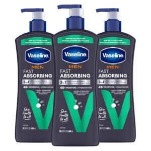 Vaseline Men's Healing Moisture Hand & Body Lotion For Dry or Cracked Skin Fast Absorbing Non-Greasy Lotion for Men 20.3 oz, Pack of 3