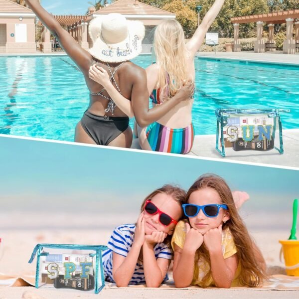 COSHAYSOO Clear Makeup Bag Sunscreen Pouch Beach Vacation Essentials Waterproof Summer Stuff Travel Toiletry Purse for Women Teen Girl Personalized Easter Gifts with Preppy Chenille Letter Blue SUN